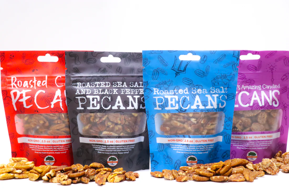 Four varieties of nuts sold by Twin Springs Pecans