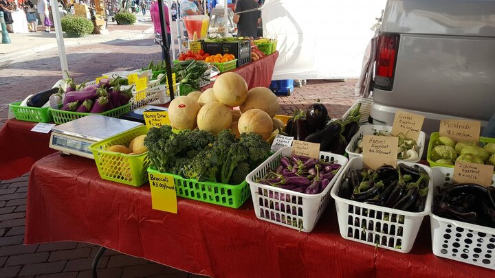 Johnson Farm farmers market booth showing lots of fresh vegetables and value-added products